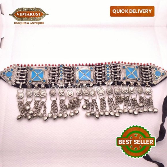 Turquoise Choker Necklace, Afghan Choker with Stones and Silver Beads, Kuchi - Picture 1 of 5